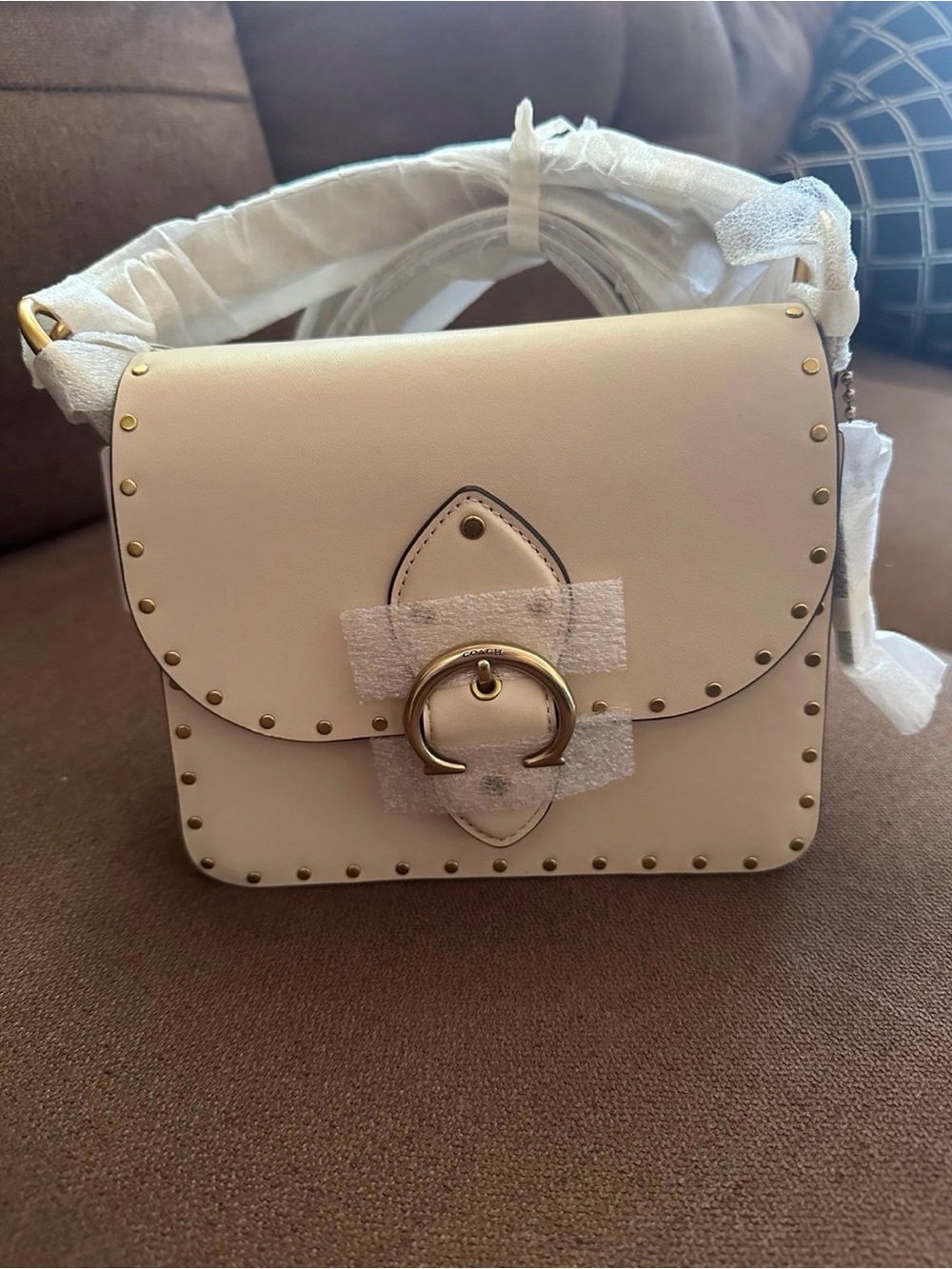 Coach Cream Leather Crossbody with Gold Studs and Buckle
